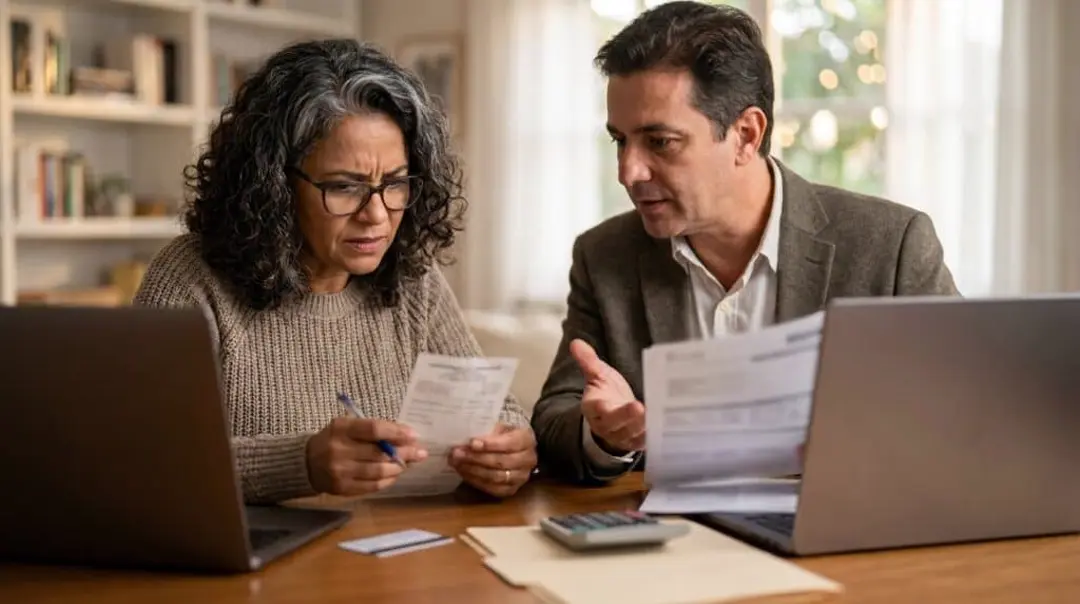 Pareja analizando cuentas y contratos con laptops en la mesa, que representa la renegociación de contrato con el convenio